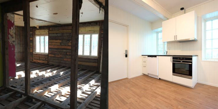 Bildet viser et bilde tatt under oppussing med revet tak, gulv og vegger, og et bilde av et ferdig lyst kjøkken med parkett